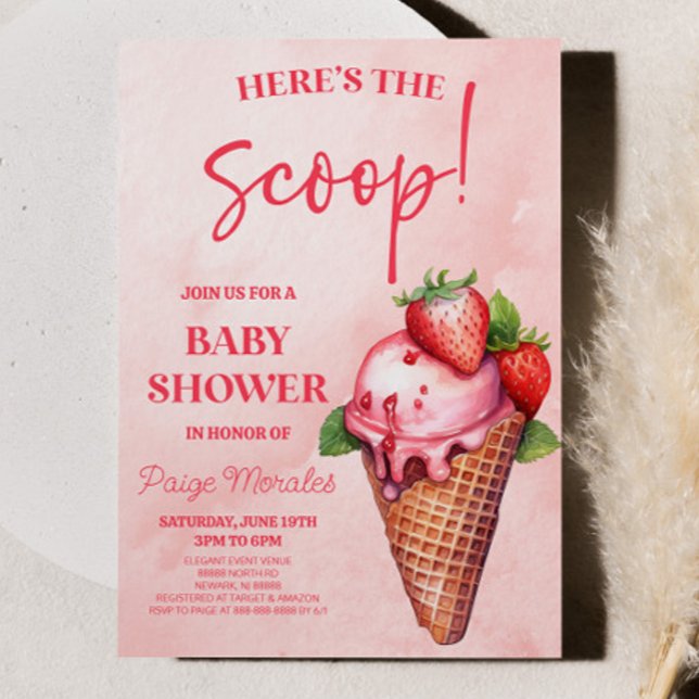 Here's The Scoop! Strawberry Ice Cream Baby Shower Invitation (Creator Uploaded)
