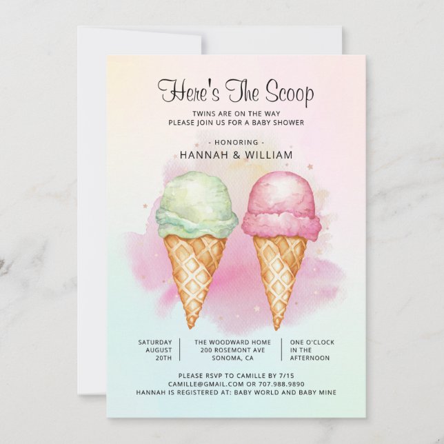 Here's The Scoop Twin Boy Girl Baby Shower Invitation (Front)