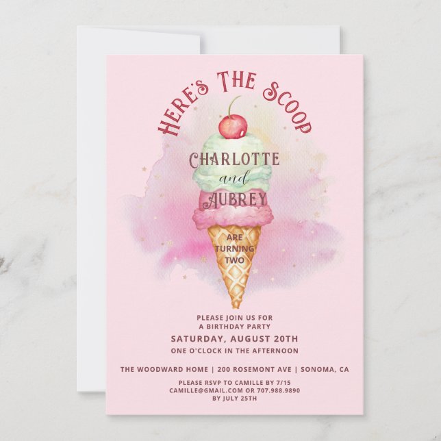 Here's The Scoop Twins 2nd Birthday Party Pink  Invitation (Front)