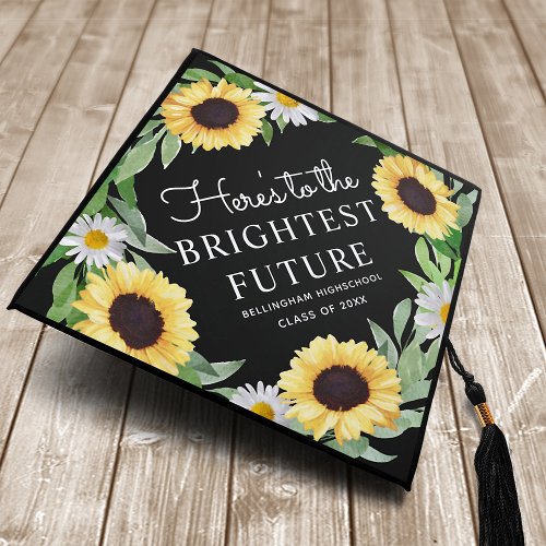 Heres to the Brightest Future Sunflower Wreath Graduation Cap Topper