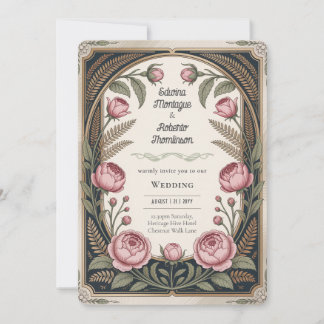 Heritage Art Nouveau Floral Wedding Black Gold Invitation