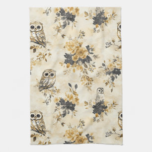 Heritage Beige Owl Botanical Floral Pattern Kitchen Towel