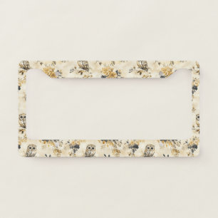 Heritage Beige Owl Botanical Floral Pattern License Plate Frame
