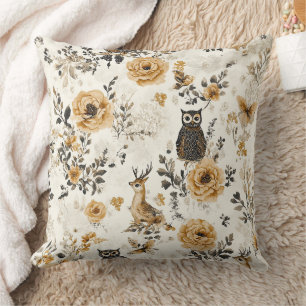 Heritage Beige Owl Botanical Floral Pattern Throw Pillow