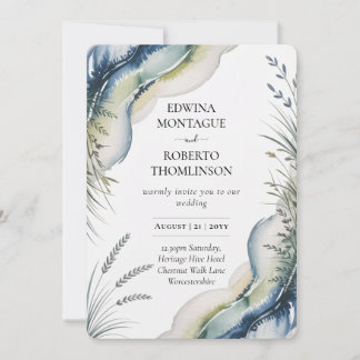 Heritage Blue Green Watercolor Coastal Wedding Invitation