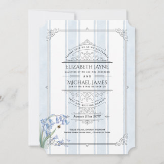 Heritage Bluebells and Bees Floral Stripe Wedding Invitation