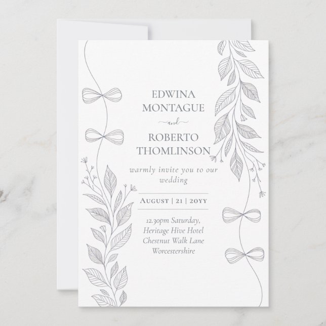 Heritage Botanical Ribbon Line Art Elegant Wedding Invitation (Front)
