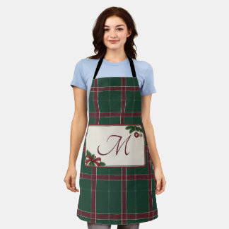 Heritage Christmas Pine Green Wine Plaid Monogram Apron