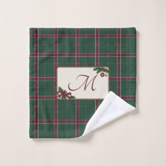 Heritage Christmas Pine Green Wine Plaid Monogram Bath Towel Set