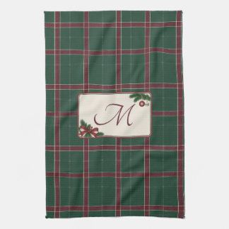 Heritage Christmas Pine Green Wine Plaid Monogram Kitchen Towel