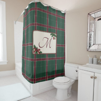Heritage Christmas Pine Green Wine Plaid Monogram Shower Curtain