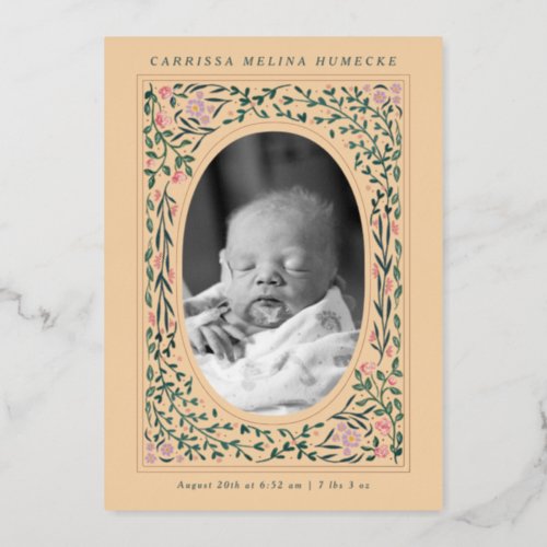 Heritage Floral Frame Oval Photo Birth Foil Invitation