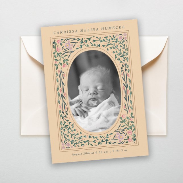 Heritage Floral Frame Oval Photo Birth Invitation (Creator Uploaded)