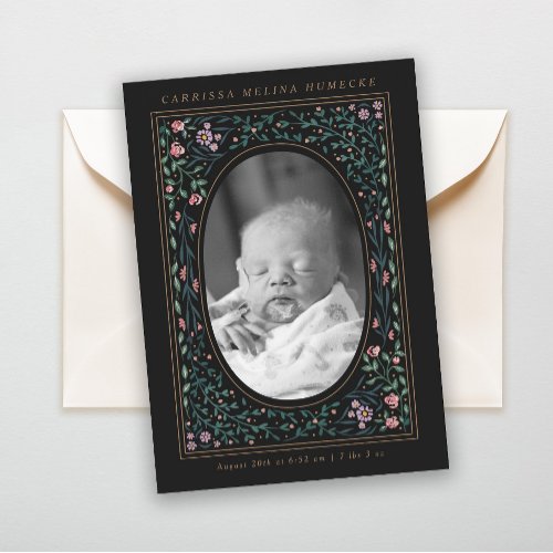 Heritage Floral Frame Oval Photo Black Birth Invitation