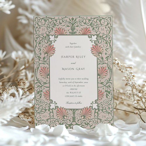 Heritage Green  Coral Rococo_Inspired Wedding Invitation