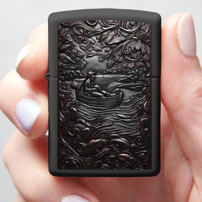 Heritage Leather Fishing Lake Scene Zippo Lighter (In Hand)