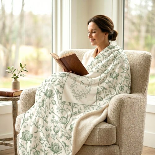 Heritage Luxury Sage French Toile Monogram Crest  Sherpa Blanket