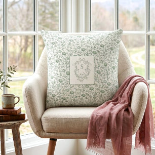 Heritage Luxury Sage French Toile Monogram Crest Throw Pillow