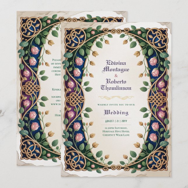 Heritage Medieval Celtic Knot Jewel Gold Wedding Invitation (Front/Back)