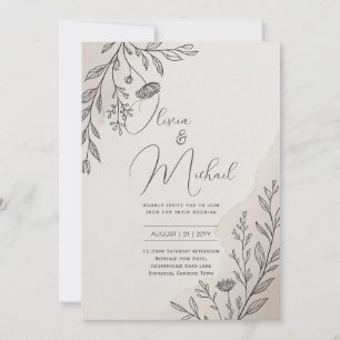 Heritage Minimal Floral Line Art Modern Wedding Invitation
