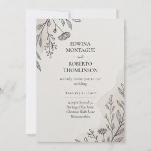 Heritage Minimal Floral Line Art Rustic Wedding Invitation