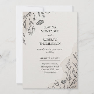Heritage Minimal Floral Line Art Rustic Wedding Invitation