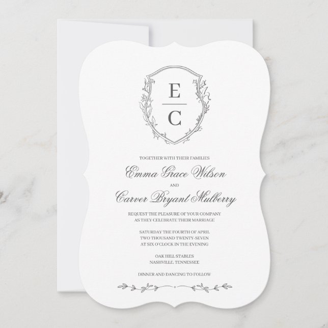 Heritage Monogram Crest Wedding Invitation Gray (Front)