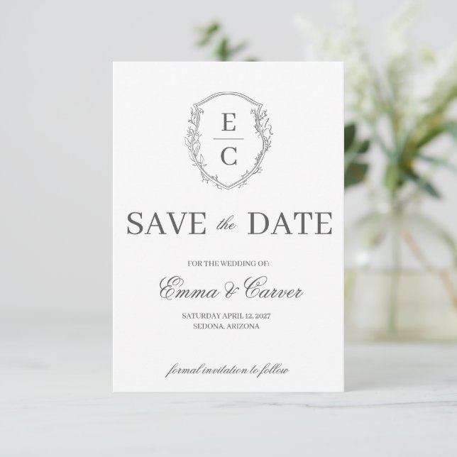 Heritage Monogram Crest Wedding Save the Date Gray (Standing Front)