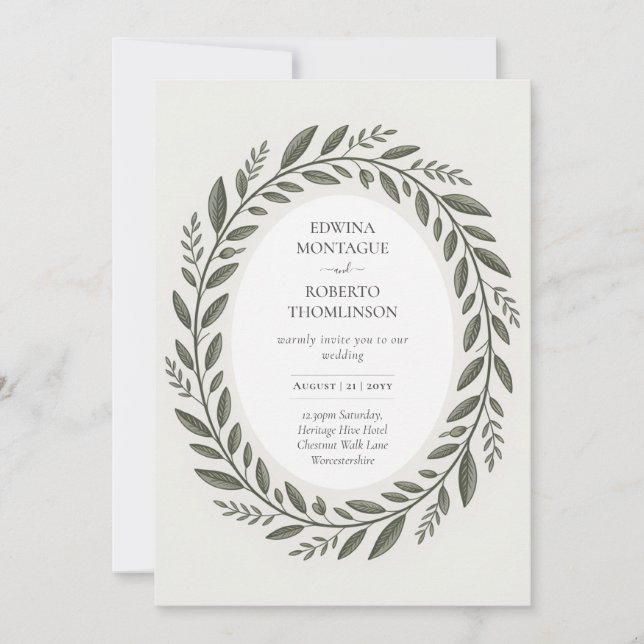 Heritage Olive Leaf Wreath Mediterranean Wedding Invitation (Front)