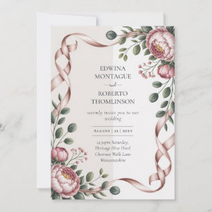 Heritage Peony Ribbon Botanical Elegant Wedding Invitation