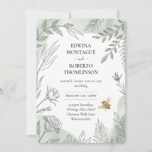 Heritage Sage Botanical Bee Wedding Invitation