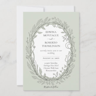 Heritage Sage Green Botanical Wreath Elegant Weddi Invitation
