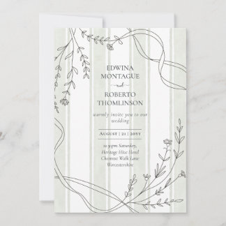 Heritage Stripe & Line Art Botanical Ribbon Weddin Invitation