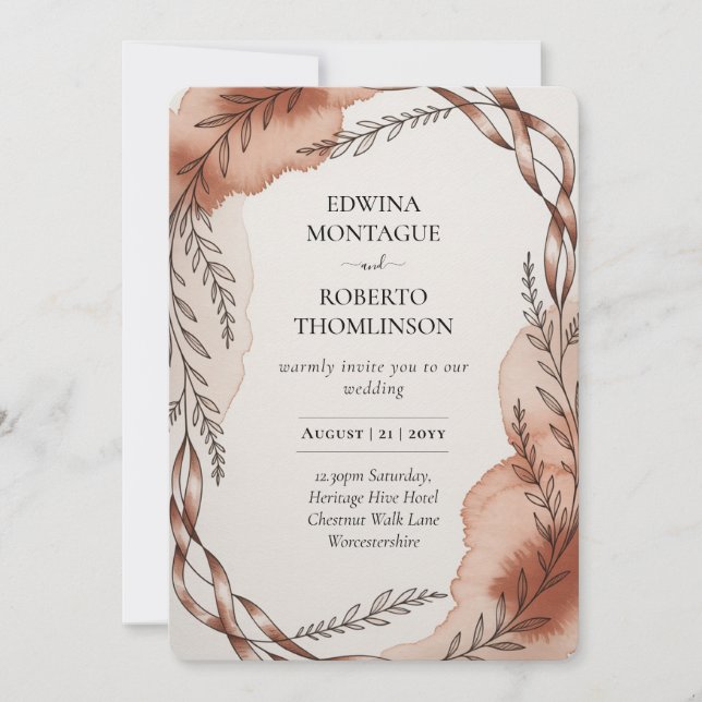 Heritage Terracotta Ribbon Botanical Wedding Invitation (Front)