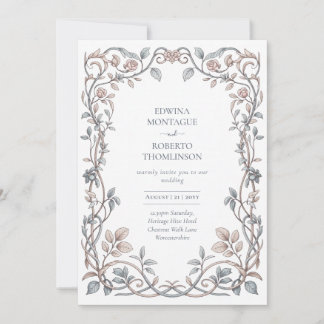 Heritage Victorian Blush Dusty Blue Floral Wedding Invitation