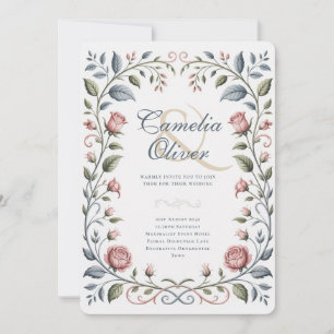 Heritage Victorian Botanical Pink Blue Rose Floral Invitation