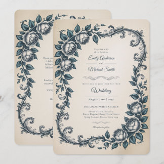 Heritage | Victorian Dusty Blue  Botanical Wedding Invitation