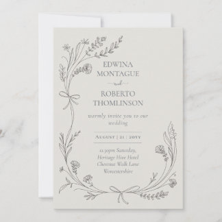 Heritage Wildflower and Ribbon Line Art Elegant We Invitation
