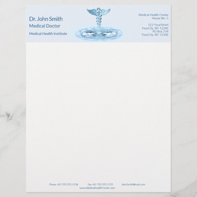 Hermes Rod Blue Caduceus Water Ripples Medical Letterhead (Front)