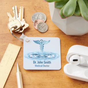 Hermes Rod Caduceus Blue Water Ripples Medical Keychain