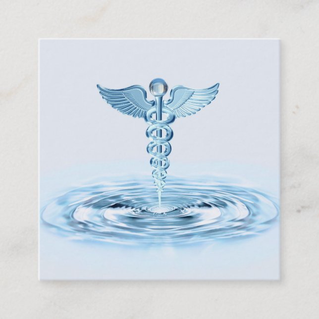 Hermes Rod Caduceus Blue Water Ripples Medical Square Business Card (Front)