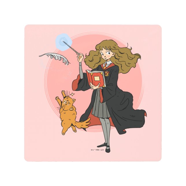 Hermione and Crookshanks Wingardium Leviosa Metal Print (Front)