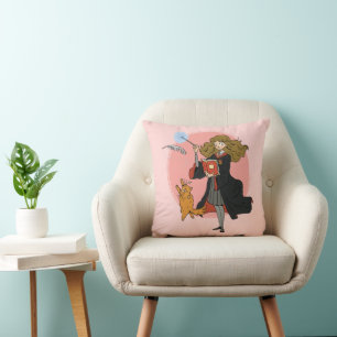 Hermione and Crookshanks Wingardium Leviosa Throw Pillow