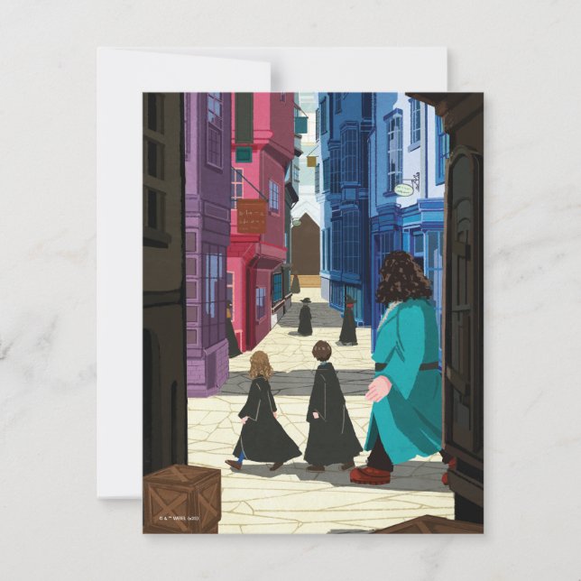 Hermione, HARRY POTTER™, & Hagrid in Diagon Alley Note Card (Front)