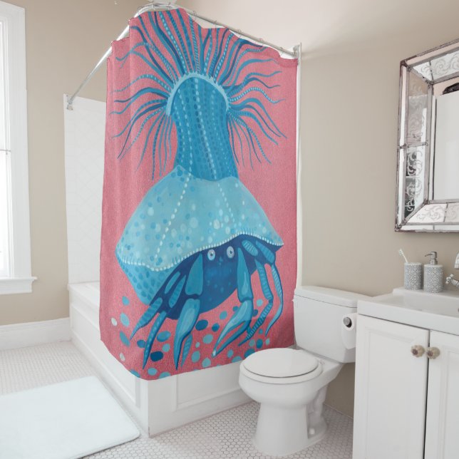 Hermit Crab, Underwater Coastal, Animals Pink Blu Shower Curtain (In Situ)