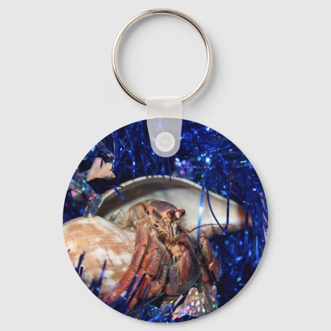 Hermit crab with blue Christmas Holiday tinsel Keychain (Front)