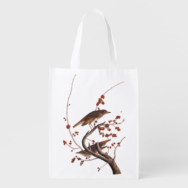 Hermit Thrush Audubon Bird with Red Berries Grocery Bag (Front)