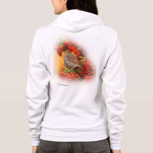 Hermit Thrush Songbird on Scarlet Firethorn Hoodie (Back)