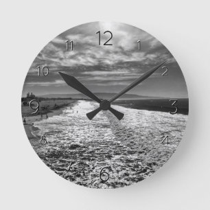 Hermosa Beach, black and white photo Round Clock