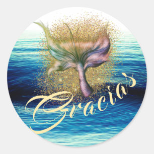 Hermosa y mágica sirena cola salpicadura en azul y classic round sticker